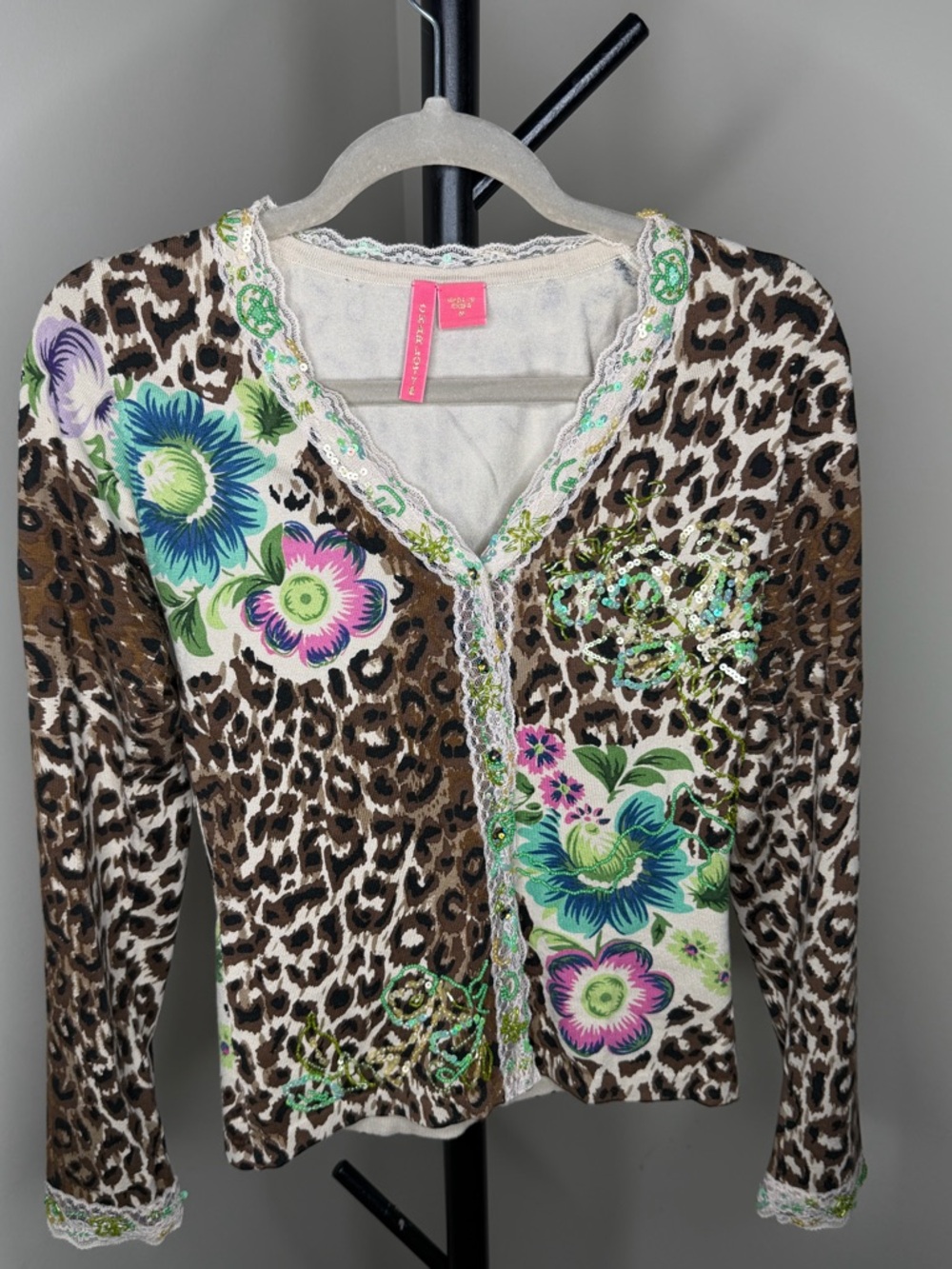 VTG Early 2000s Charlotte Tarantola Floral Leopard/Sequin/Lace Cardigan Size M